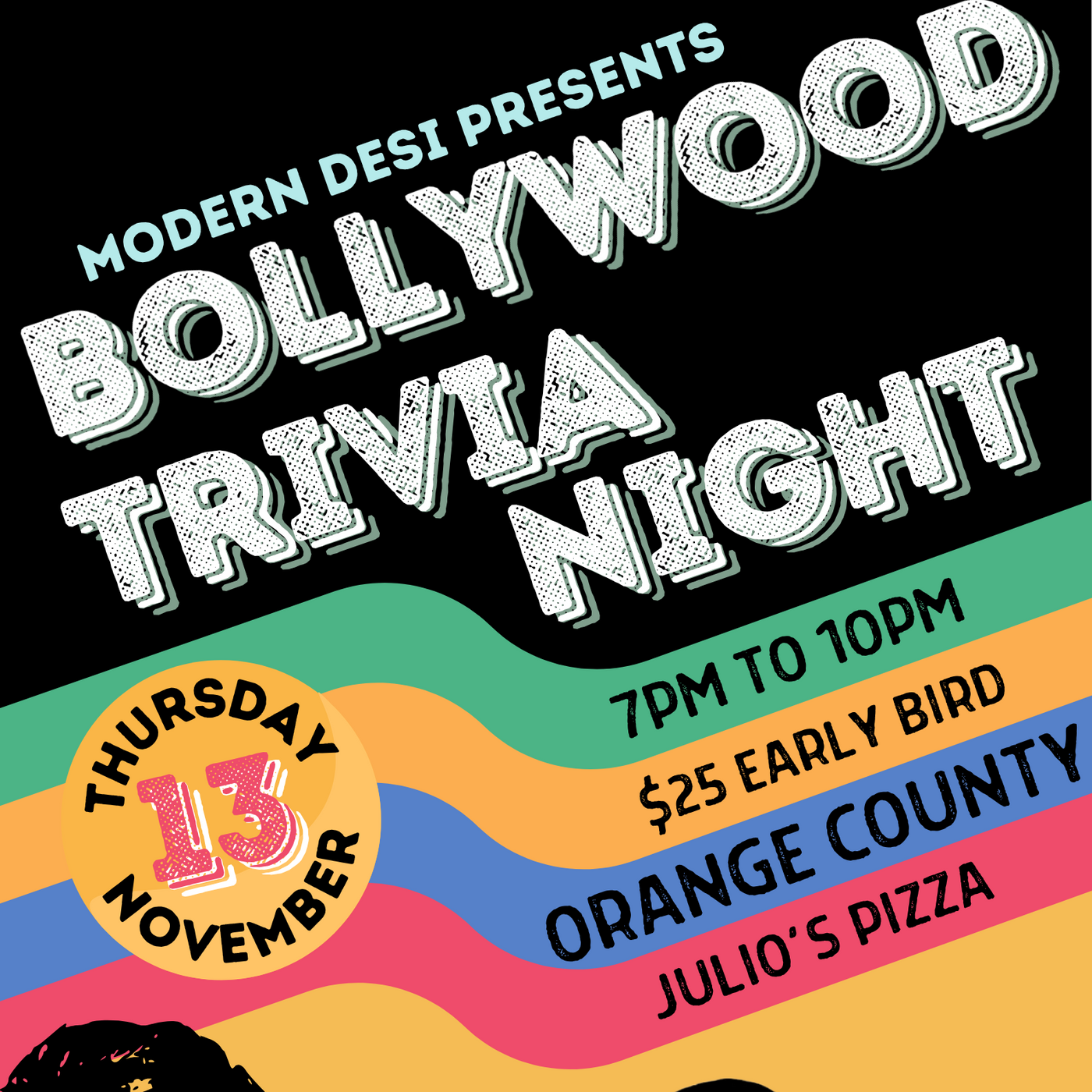 Promotional poster for Bollywood Trivia Night with event details and silhouette images of people.