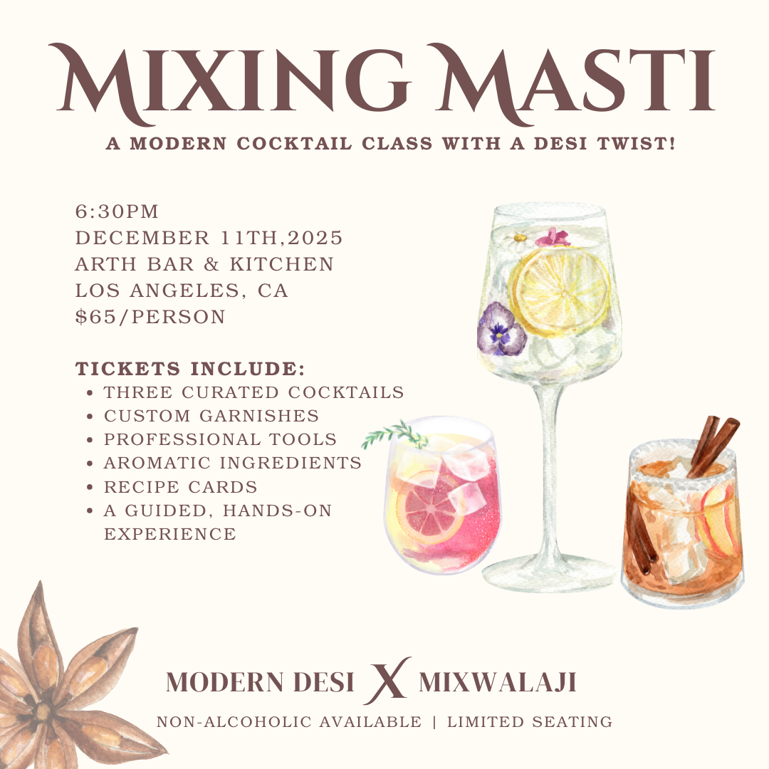 Promotional flyer for a modern cocktail class with a Desi twist, featuring a glass of cocktail and garnishes.