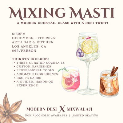 Promotional flyer for a modern cocktail class with a Desi twist, featuring a glass of cocktail and garnishes.