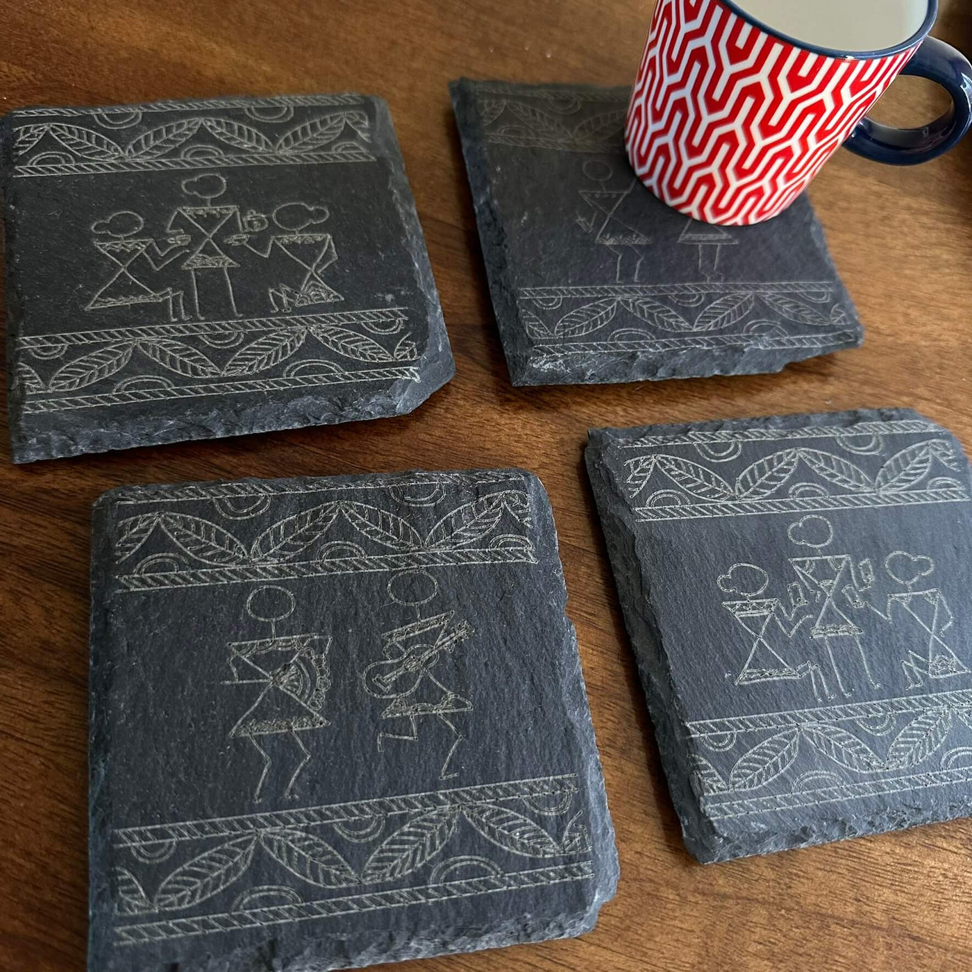 Modern Warli Art Slate Coasters – Indian Folk Art-Inspired | Handmade Cultural Home Decor
