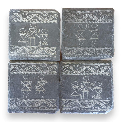 Modern Warli Art Slate Coasters – Indian Folk Art-Inspired | Handmade Cultural Home Decor