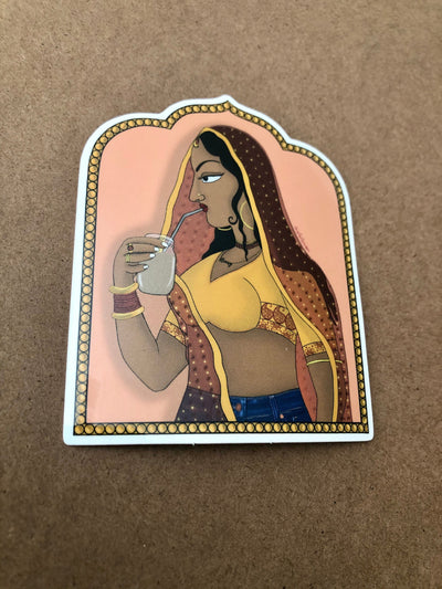 Sticker: Rajasthani Rani Drinking Iced Coffee