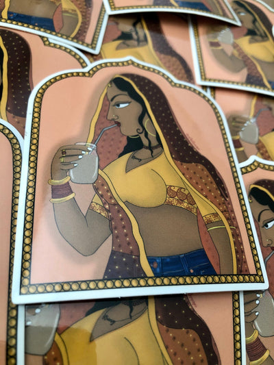 Sticker: Rajasthani Rani Drinking Iced Coffee