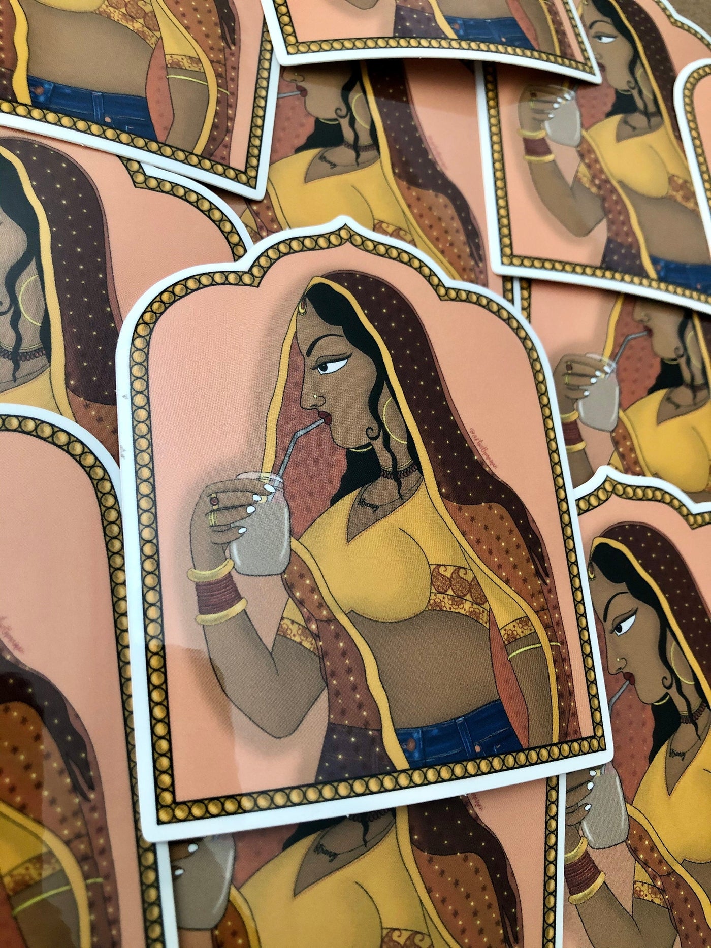 Sticker: Rajasthani Rani Drinking Iced Coffee