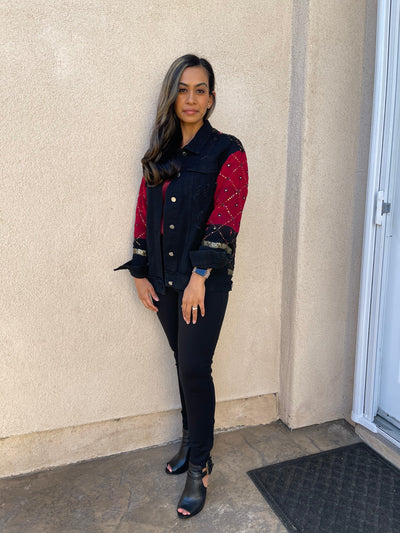 Red and Black Sari Oversized Denim Jacket - Small - Ready to Ship