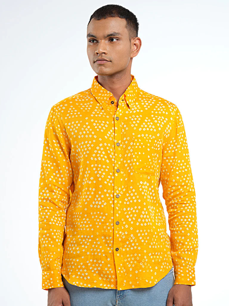 Long Sleeve Regular Collar Bandhani Shirt – Mango Yellow