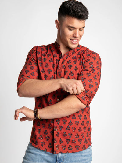 Regular Fit Block Printed Cotton Shirt - Ankur Red