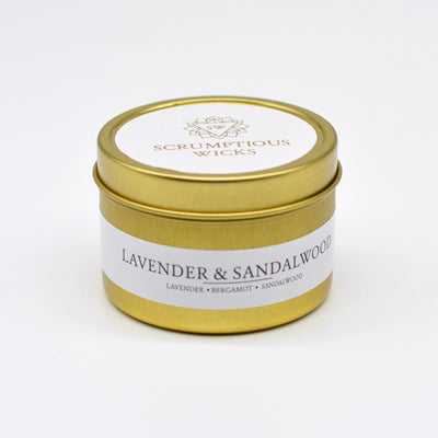 Lavendar & Sandalwood Tin candle by Scrumptious Wicks