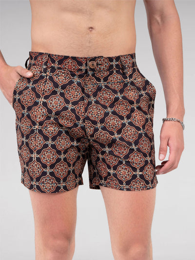 Regular Fit Block Printed Cotton Shorts - Farsh Black