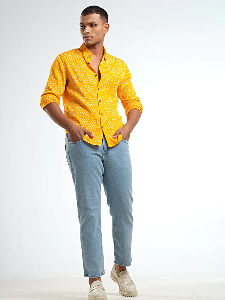 Long Sleeve Regular Collar Bandhani Shirt – Mango Yellow