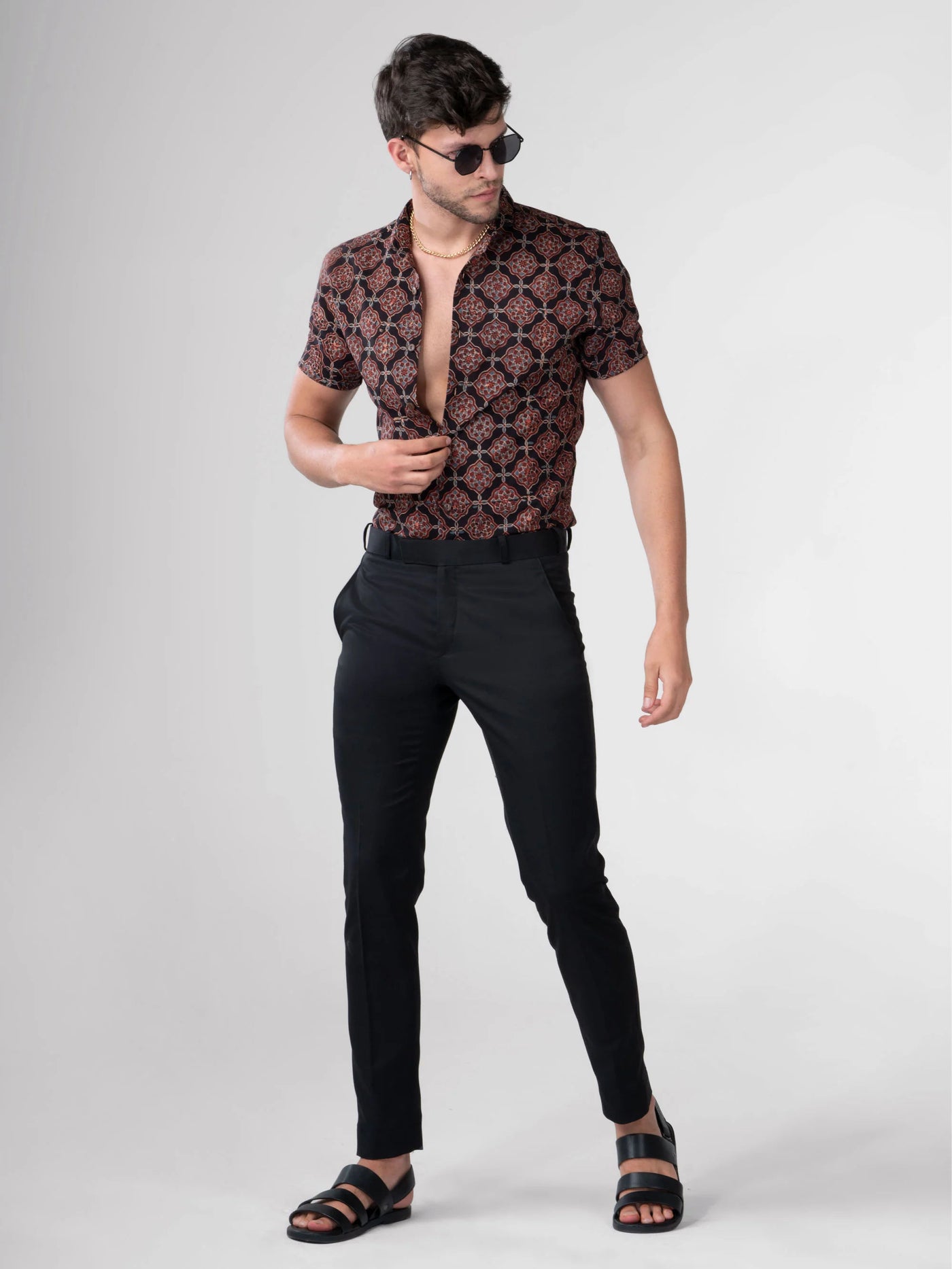 Slim Fit Block Printed Cotton Shirt - Farsh Black