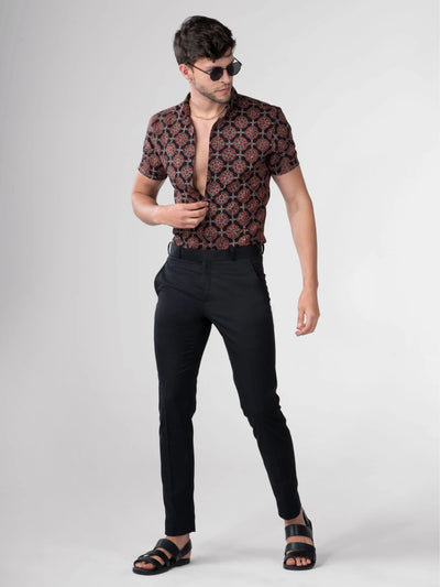 Slim Fit Block Printed Cotton Shirt - Farsh Black