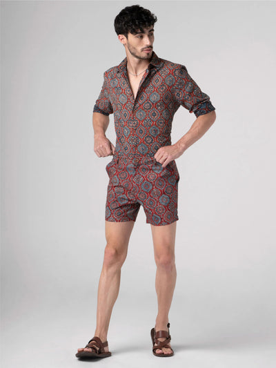 Regular Fit Block Printed Cotton Shorts - Gulshan Red