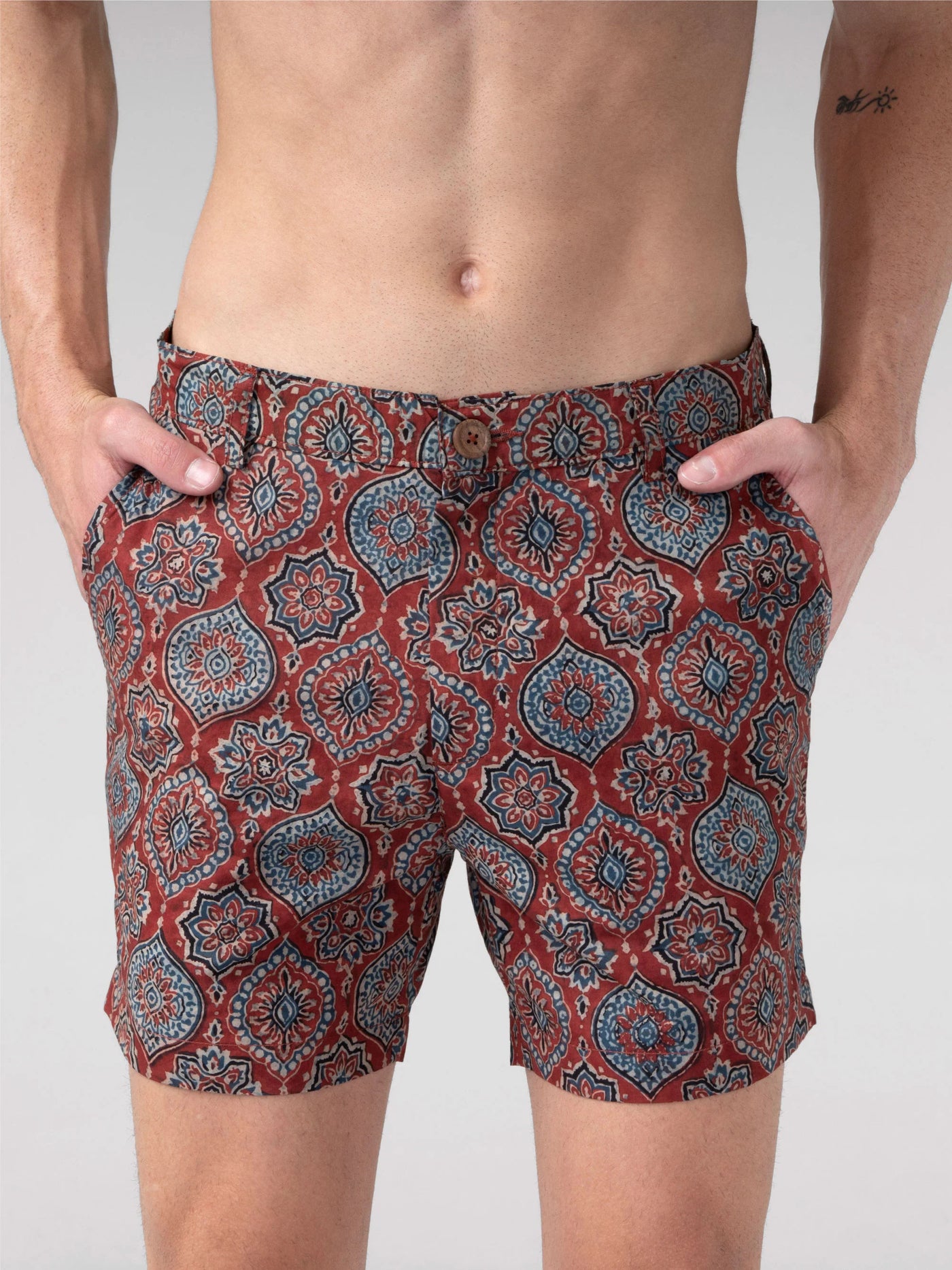 Regular Fit Block Printed Cotton Shorts - Gulshan Red