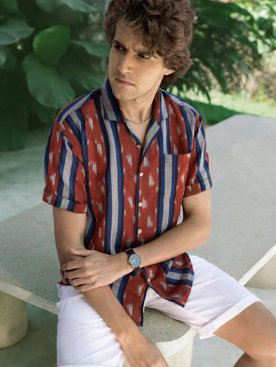 Cuban Collar Handwoven Ikat Shirt - Redwoods