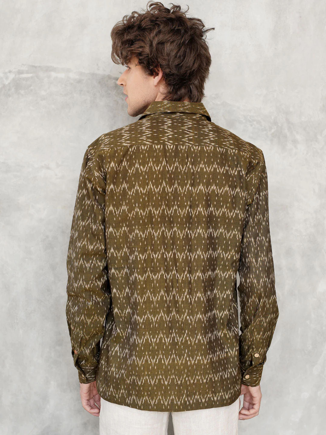 Comfort Fit Handwoven Ikat Shirt - Olive Ridges