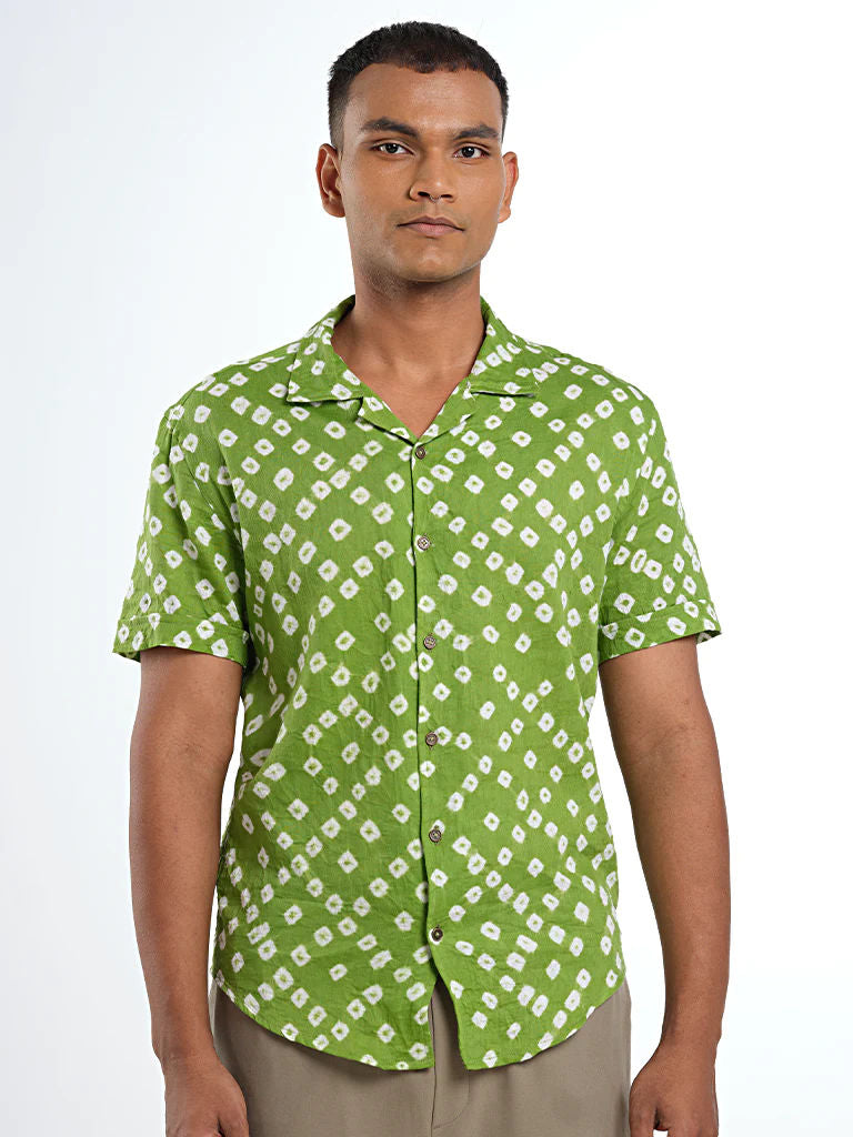 Short Sleeve Cuban Collar Bandhani Shirt – Guava Green