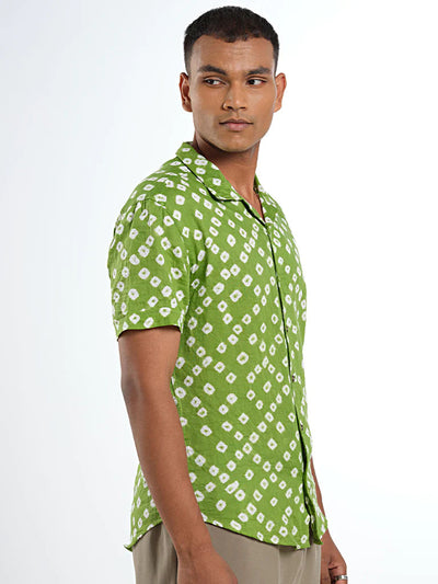 Short Sleeve Cuban Collar Bandhani Shirt – Guava Green