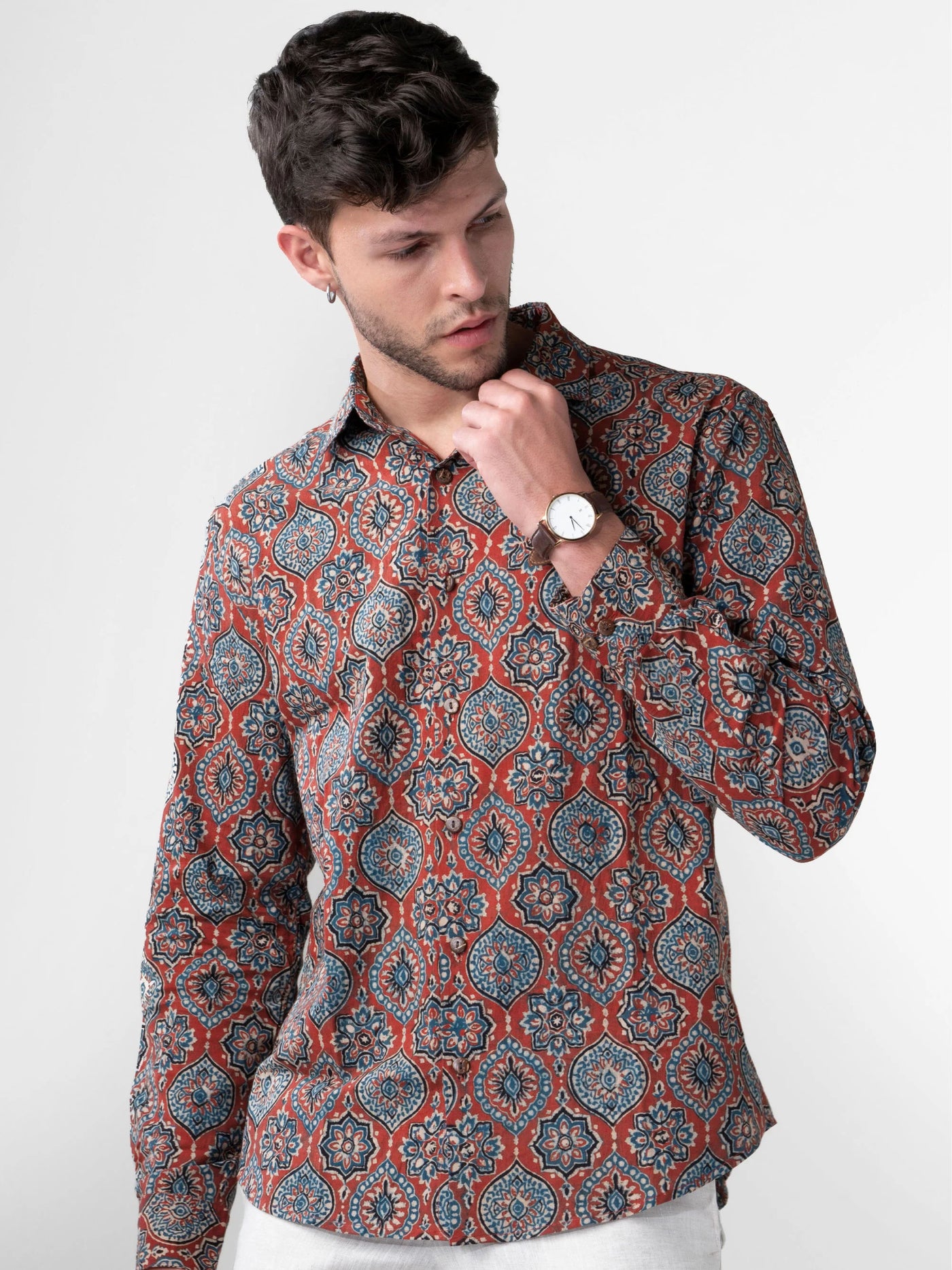 Regular Fit Block Printed Cotton Shirt - Gulshan Red