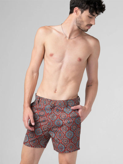 Regular Fit Block Printed Cotton Shorts - Gulshan Red