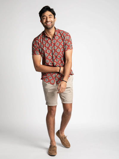 Slim Fit Block Printed Cotton Shirt - Farsh Red