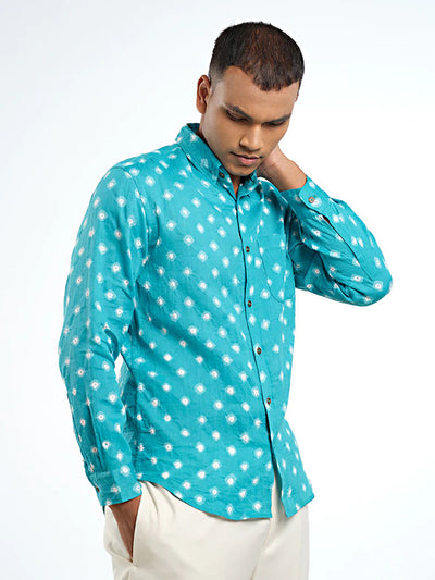 Long Sleeve Regular Collar Bandhani Shirt – Aqua Blue