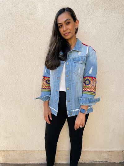 Red Silk Sari Oversized Denim Jacket - Small - Ready to Ship