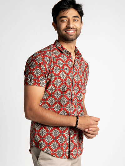 Slim Fit Block Printed Cotton Shirt - Farsh Red