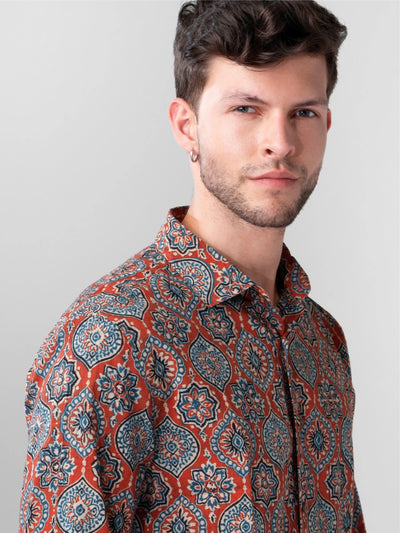 Regular Fit Block Printed Cotton Shirt - Gulshan Red