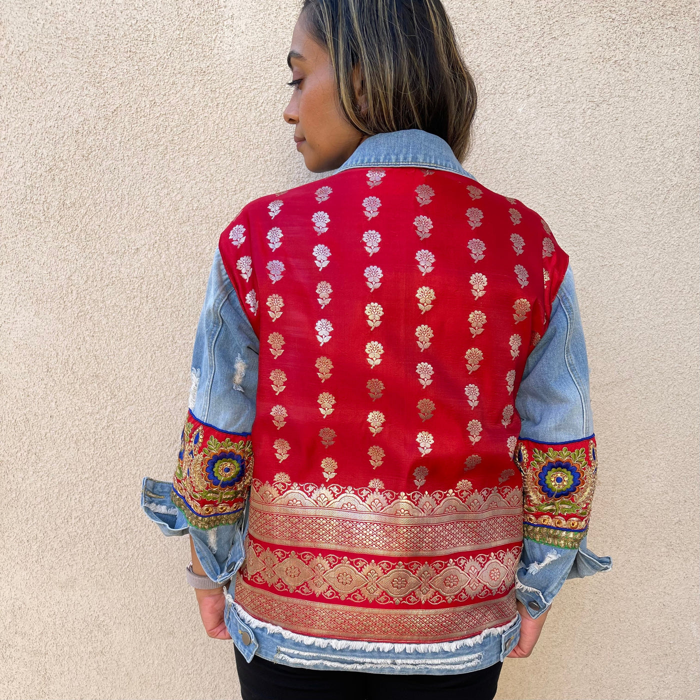 Red Silk Sari Oversized Denim Jacket - Small - Ready to Ship