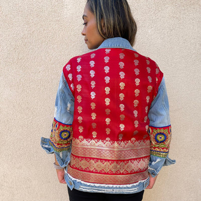 Red Silk Sari Oversized Denim Jacket - Small - Ready to Ship