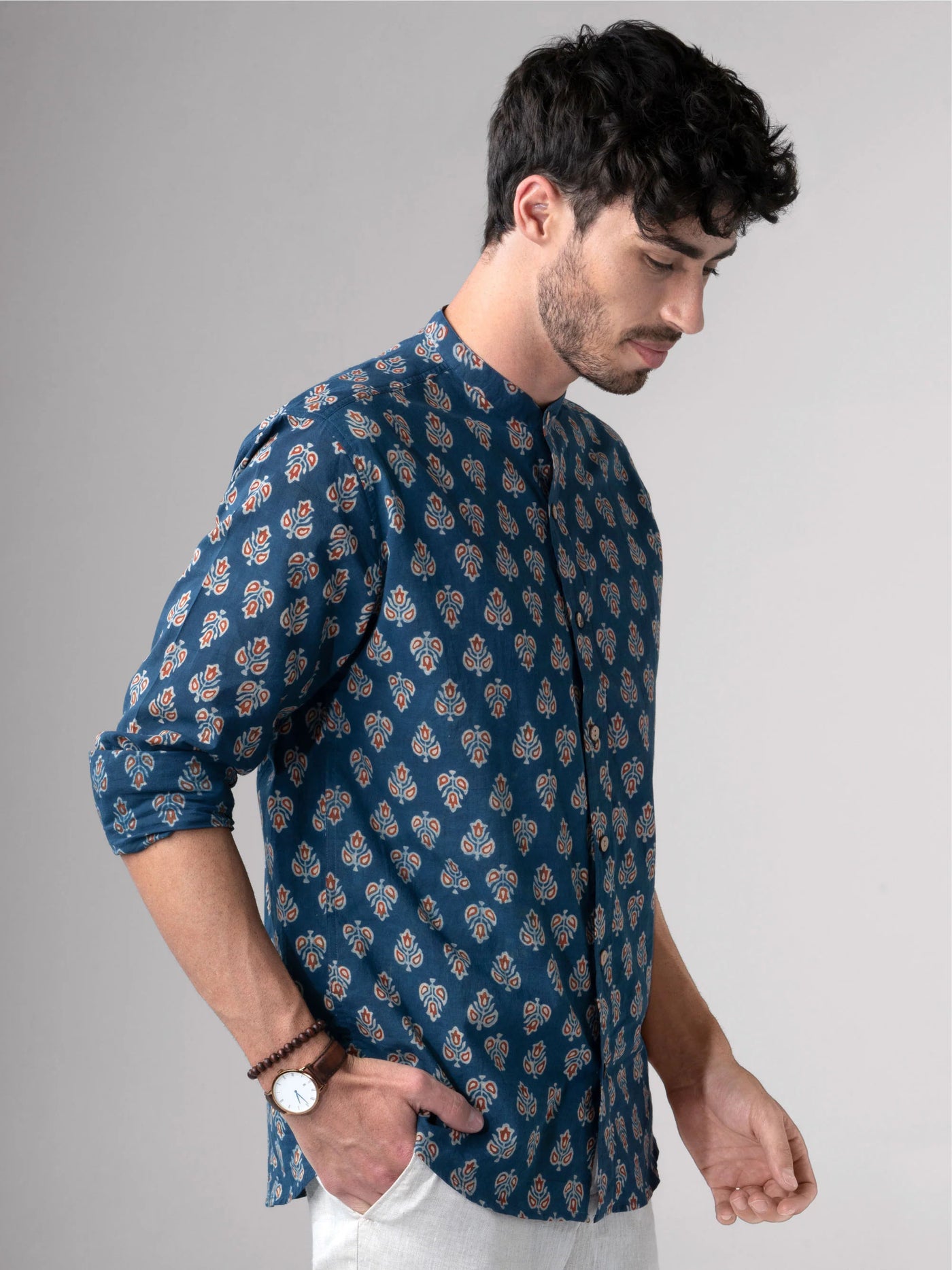 Regular Fit Block Printed Cotton Shirt - Ankur Blue