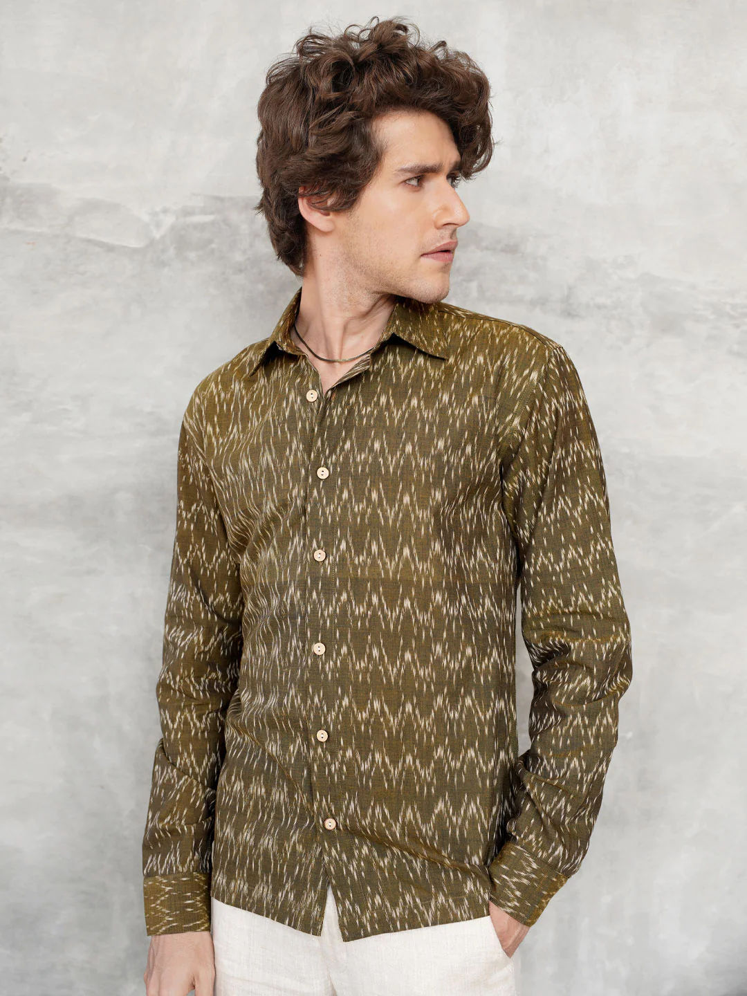 Comfort Fit Handwoven Ikat Shirt - Olive Ridges