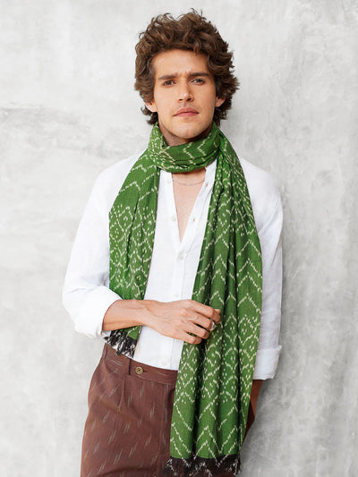 Unisex Handwoven Ikat Scarf - Forest Green