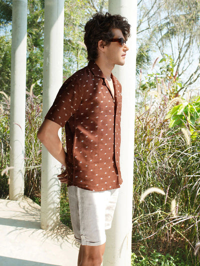 Cuban Collar Handwoven Ikat Shirt - Wood Chips