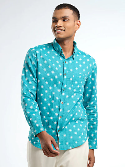 Long Sleeve Regular Collar Bandhani Shirt – Aqua Blue