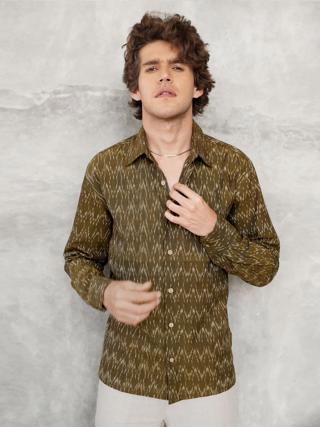 Comfort Fit Handwoven Ikat Shirt - Olive Ridges