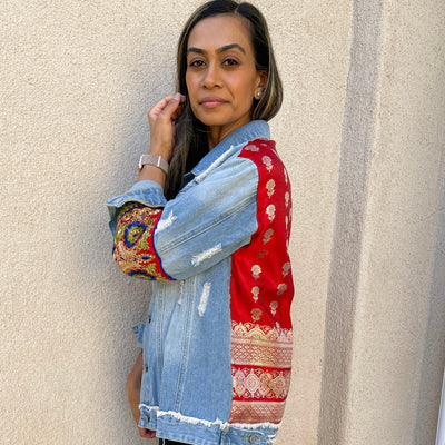 Red Silk Sari Oversized Denim Jacket - Small - Ready to Ship