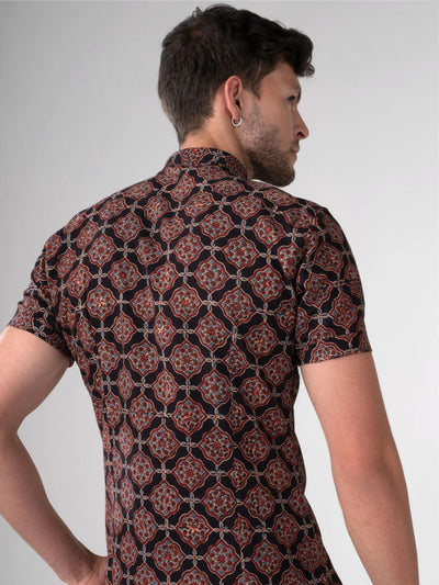 Slim Fit Block Printed Cotton Shirt - Farsh Black