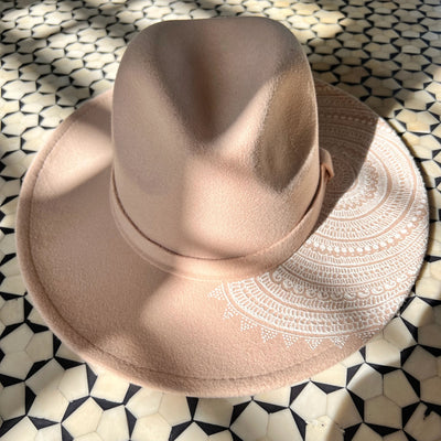 Sand colored fedora with Henna work by Neha Assar