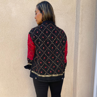 Red and Black Sari Oversized Denim Jacket - Small - Ready to Ship