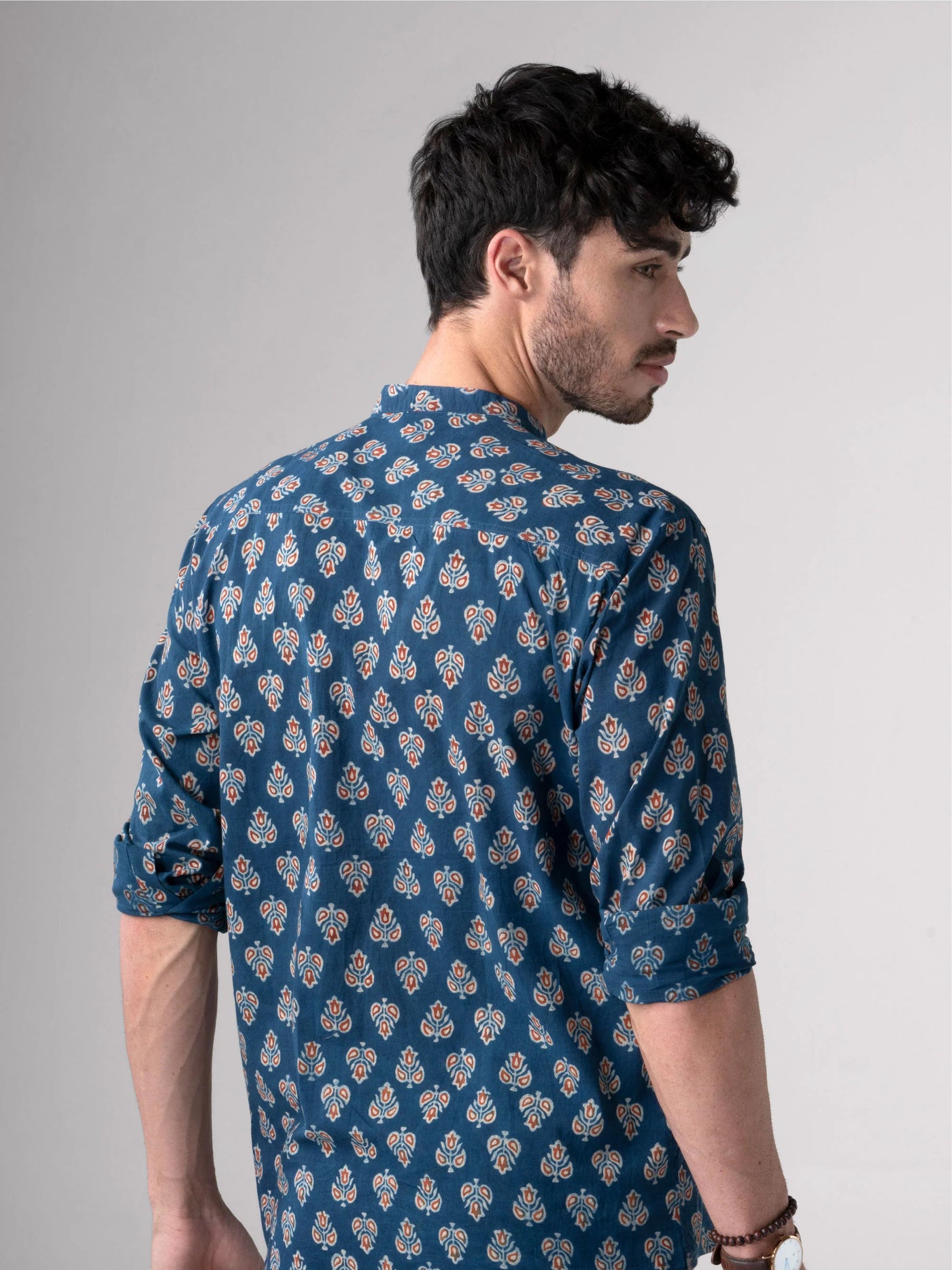 Regular Fit Block Printed Cotton Shirt - Ankur Blue