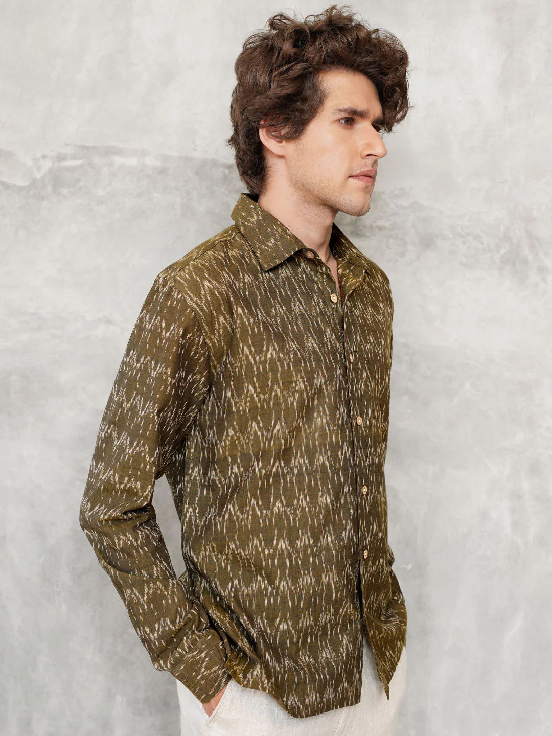 Comfort Fit Handwoven Ikat Shirt - Olive Ridges