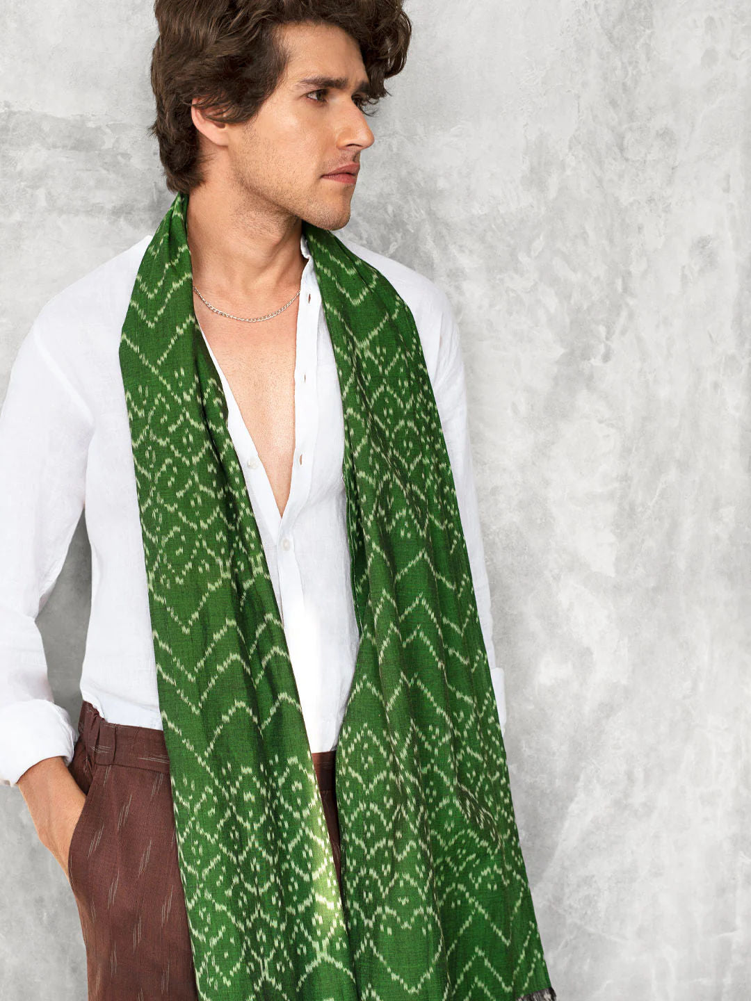 Unisex Handwoven Ikat Scarf - Forest Green