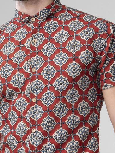 Slim Fit Block Printed Cotton Shirt - Farsh Red