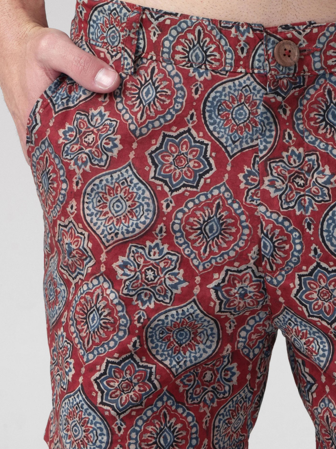 Regular Fit Block Printed Cotton Shorts - Gulshan Red
