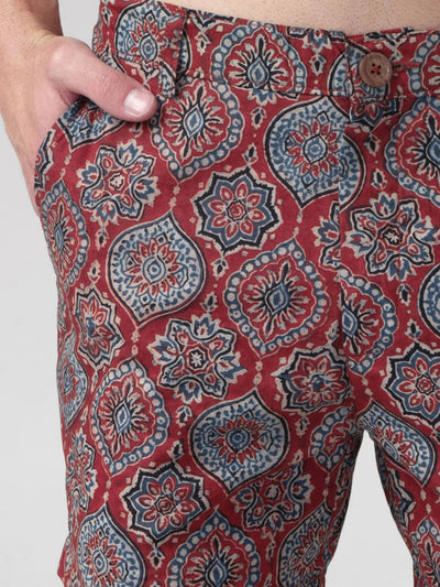 Regular Fit Block Printed Cotton Shorts - Gulshan Red
