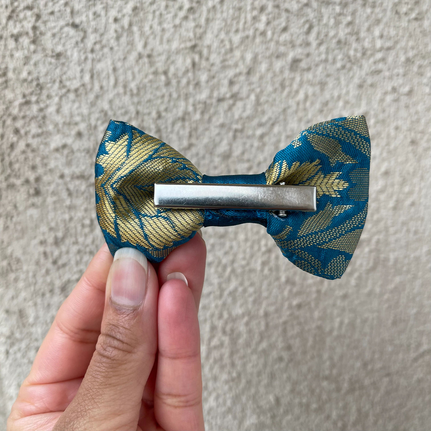Teal and Gold Sari Bow Tie (Clip on)