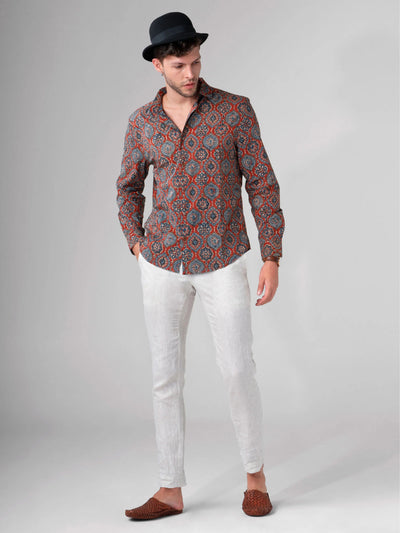 Regular Fit Block Printed Cotton Shirt - Gulshan Red