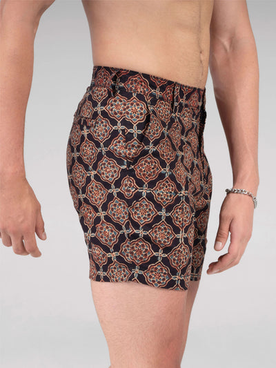 Regular Fit Block Printed Cotton Shorts - Farsh Black